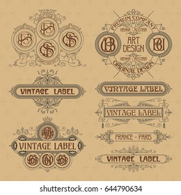 Old vintage floral elements - ribbons, monograms, stripes, lines, angles,border, frame,label, logo - vectors