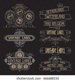 Old vintage floral elements - ribbons, monograms, stripes, lines, angles,border, frame,label, logo - vectors