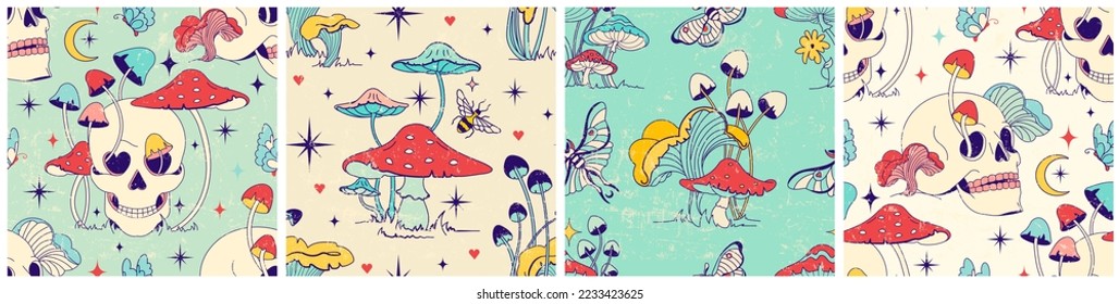 Old vintage floral grave set of sharpen seamless patterns with mystical mushrooms: psilocybin, agaric.Retro mystery fabric design with fungi, witchcraft digital or wrapping paper