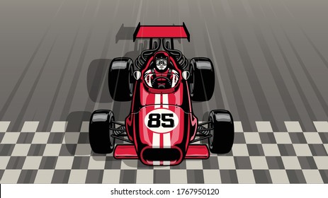 old vintage formula car drive passing over the finish line