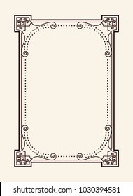 Old vintage frame with cut angles and thin swirls. Elegant framework ornate with curls. Gorgeous frame black outline isolated vector illustration.