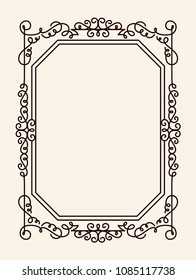 Old vintage frame with cut angles and thin swirls. Elegant framework ornate with curls. Gorgeous frame black outline isolated vector illustration