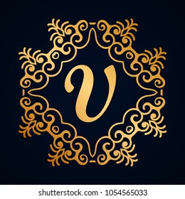Old vintage frame logo monogram with decorative ornate vintage border, retro elements. Vector illustration. Beautiful filigree ornamental template of monogram for design of frames or logos