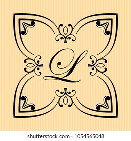 Old vintage frame logo monogram with decorative ornate vintage border, retro elements. Vector illustration. Beautiful filigree ornamental template of monogram for design of frames or logos