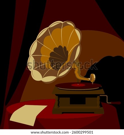 Old vintage gramophone in brown interior with vinyl record on round table. Concept of retro music poster. Vector illustration 