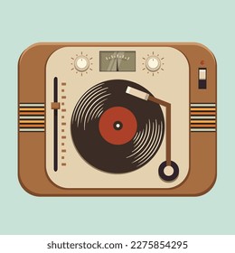 Old vintage gramophone player or a vinyl turntable, vector illustration, top view