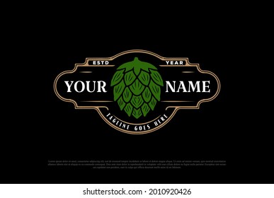 Old Vintage Green Hop for Craft Beer Brewing or Brewery Label Logo Design Vector