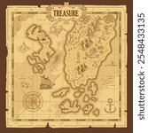 Old vintage grunge paper fantasy map pirate treasure map worn parchment ships with compass wind rose