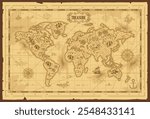 Old vintage grunge paper fantasy world map pirate treasure map worn parchment with ships with compass wind rose