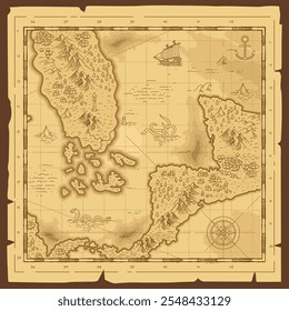 Old vintage grunge paper fantasy map pirate treasure map worn parchment with ships with compass wind
