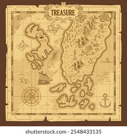 Old vintage grunge paper fantasy map pirate treasure map worn parchment ships with compass wind rose