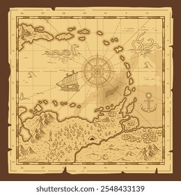 Old vintage grunge paper fantasy map pirate treasure map worn parchment ships and compass wind rose