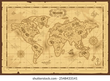 Antigo vintage grunge papel fantasia mapa do mundo pirata tesouro mapa usado pergaminho com navios com bússola vento rosa