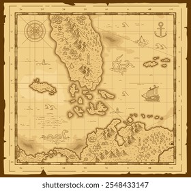 Antigo vintage grunge papel fantasia mapa de tesouro pirata usado pergaminho com navios com bússola vento rosa