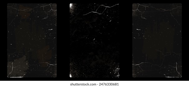 Old vintage grunge paper texture set. Worn grainy overlay distressed background. Torn and crumpled pattern for poster or vinyl album cover. Vector illustration of a rough, shabby design.