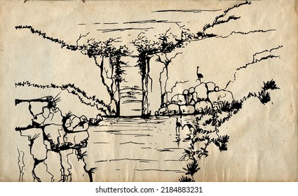 Old vintage hand drawn vector nature illustration with waterfall on main view. Made with 0.5mm drawing pen. Using for travel and nature background, drawing book cover and card