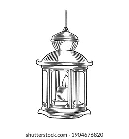 Old vintage hanging lantern with a candle vector illustration background for muslim community festival celebration. The symbol of warmth and comfort. Ramadan Kareem. Traditional arabic lamps.