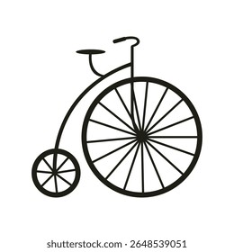 Old vintage high wheel retro bicycle black silhouette. Flat vector isolated illustration for design.