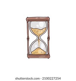 Old and vintage hourglass with sand in colored doodle style, vector illustration isolated on white background. Hand drawn antique sandglass, concept of time.