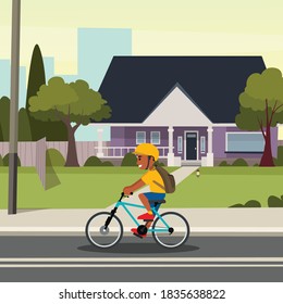 old vintage house with boy riding bicycle in front flat vector illustration design