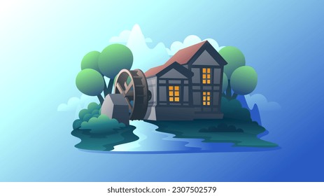 Old vintage house with a water wheel near the river. Colorful illustration of a vintage hydropower concept. 