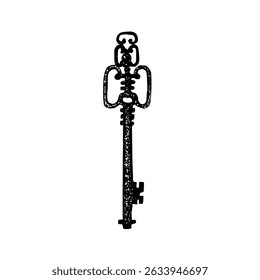 Chave antiga. Ilustração vetorial gráfica com placa branca. Mão de tinta chave de abertura de metal preto desenhada para design gótico, esotérico. Objeto antigo para logotipo, embalagem.