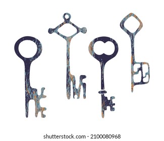 Old vintage key set, isolated, white background. Hand drawing doodle, tracing. Vector illustration