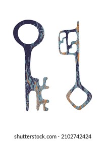 Old vintage key set, isolated, white background. Hand drawing doodle, tracing. Vector illustration