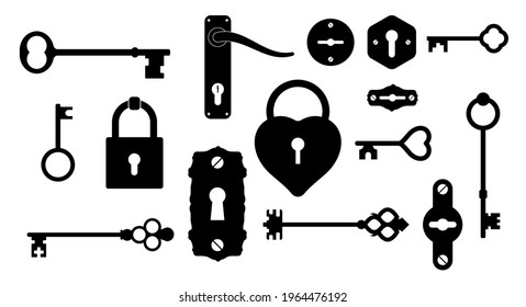 Old vintage keys and locks. Flat style vector illustration isolated on white background.