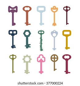 old vintage keys set. Color clues from ancient castles. Door vintage key collection
