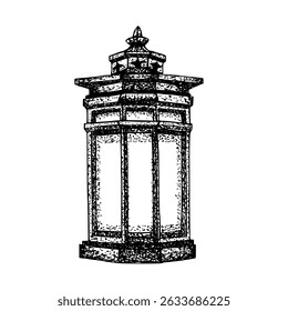 Old vintage lantern black graphic. Vector illustration isolated with white plate. Bronze outdoor Gothic lantern ink drawing lamp for Halloween compositions and esoteric design. Hand drawn object.