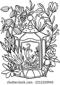 Old vintage lantern and fantasy flowers and leaves. Coloring page antistress for children and adults. Vector illustration isolated on white background