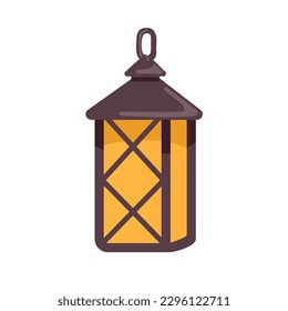 Old vintage lantern. Hanging metal and glass lamp with glowing golden light from candle inside. Decorative interior object in retro style. Flat vector illustration isolated on white background