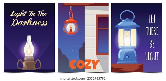 Old vintage lantern posters set, cartoon flat vector illustration. Light in the darkness and let there be light - texts. Retro oil or gas lamp hanging on house porch. Symbol of light.