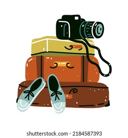 Old vintage leather suitcase with a camera, sneakers, vector illustration isolated on white. Travel stuff. Vacation, holiday.