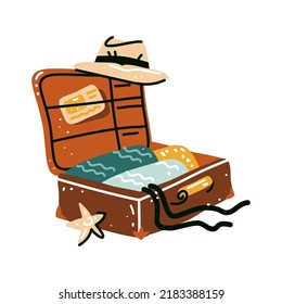 Old vintage leather suitcase with a hat, tickets, vector illustration isolated on white. Travel stuff. Vacation, holiday.