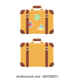 Old vintage leather suitcase, plain and with stickers of visited places. Isolated vector illustration in flat cartoon style.