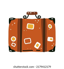 Old vintage leather suitcase with travel stickers, vector illustration isolated on white. Travel stuff. Vacation, holiday.