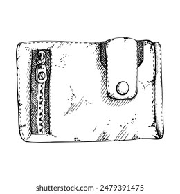 Old vintage leather wallet with zipper and brass copper snap fastener button. Vector ink hand drawn illustration of isolated object. Design for tourism, travel, brochure, retro fashion shop boutique