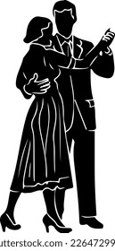 Old vintage love couple in dancing pose silhouette, sketch drawing of village man and woman dancing
