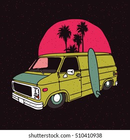 Old vintage low van with sun, surfboard and palms . Isolated vector illustration on grunge texture background.