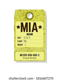 Old vintage luggage tag. Baggage checks or ticket for passenger flight. Baggage ticket for passengers at airport. Detail grunge passport for stamps, tag registered. Miami, USA country label vector