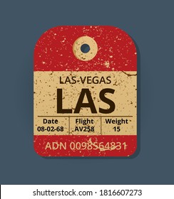 Altes Gepäckanhänger. Gepäckschecks oder Flugticket für den Passagierflug. Gepäckschein für Fluggäste am Flughafen. Detail Grunge Pass für Briefmarken, Tag registriert. Las Vegas, USA-Länderkennzeichen, Vektorgrafik