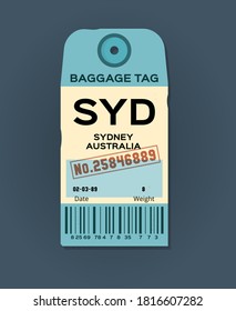 Old vintage luggage tag. Baggage checks or ticket for passenger flight. Baggage ticket for passengers at airport. Grunge passport for stamps, tag registered. Sydney, Australia country label vector