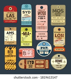 Old vintage luggage tag. Baggage checks or ticket for passenger flight. Baggage ticket for passengers at airport. Grunge passport for stamps. France, Italy, USA, Japan, London, Europe country label