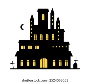 Antiga mansão vintage ou castelo gótico medieval com luz nos quartos. Vetor isolado Decoração de férias de Halloween para convite ou cartão de saudação. Lugar assustador com cemitério e lápides