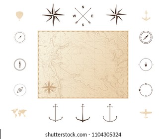 Old vintage map with icons. Compass roses. Vector illustration isolated on white background