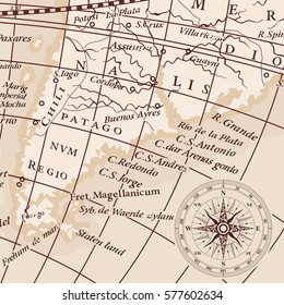 Old Vintage Map Of South America Continent And Compass Wind Rose.