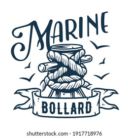 Old, vintage marine mooring sea bollard with rope knot tied on pier, nautical ship element, ocean port design