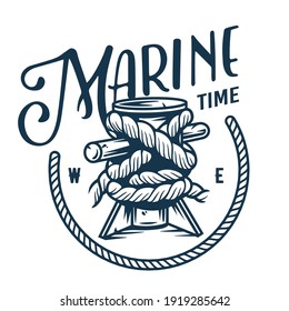 Old, vintage marine mooring sea bollard with rope knot tied on pier, nautical ship, ocean port design